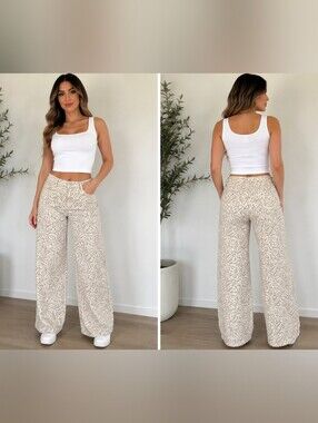 Oneso Leopard Print Wide Leg Jeans Size 26 Cream Gray Stretch Denim NWOT